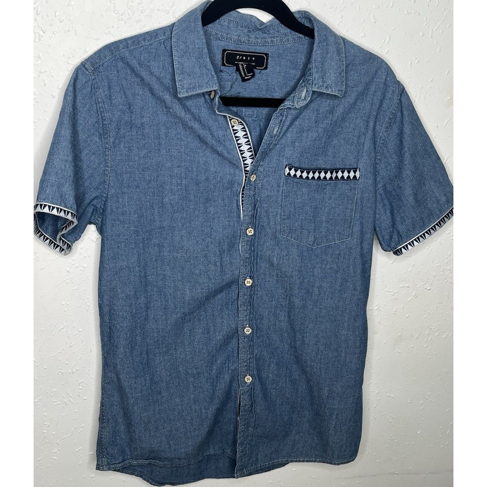 21 MEN Men's Blue Cotton Chambray Solid Short Sleeve Point Collar Shirt S